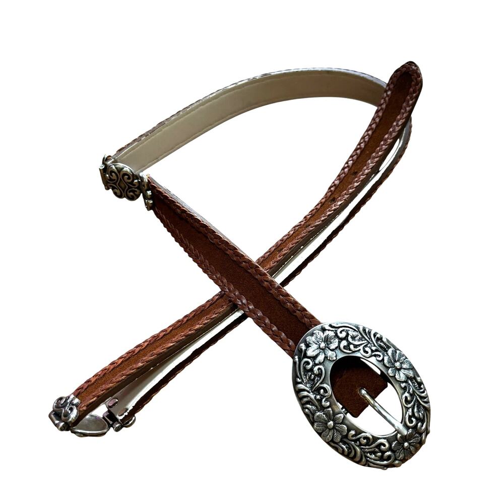 Coldwater Creek ladies brown leather & suede belt silver buckle & panels Size L